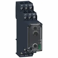 DIN-rail mounted time delay relay with adjustable timing from 0.05 seconds to 300 hours. Operates at 240V AC with a contact rating of 8 A at 24V DC. Features 6 terminals for control and load connections. Used in industrial control panels for sequencing, delay-on, and timing applications.