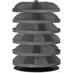 This revolving storage bin features six levels of flat-bottom shelves, each with six bins, providing organized storage for small parts and components. The unit rotates for easy access to stored items, suitable for workshops and assembly areas. Dimensions are 40 3/8 inches by 28 inches.