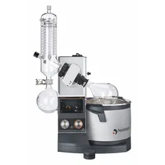 This HEIDOLPH rotary evaporator features a manual lift mechanism, 5 L capacity, and a speed range of 10 to 280 RPM. It includes a G3 vertical condenser and provides 1,300 W heating power. The unit is equipped with USB and Micro SD interfaces for data transfer. Suitable for solvent removal and concentration in laboratory settings.
