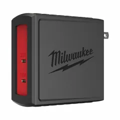 This MILWAUKEE battery adapter provides two ports for connecting M18™ batteries to the TOP-OFF™ Charger & Power Supply (2847-20). It enables simultaneous charging and power delivery for cordless tools and devices on job sites.
