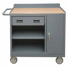 Fully assembled mobile cabinet bench with a hardboard work surface and gray finish. Includes open storage, drawers, and shelves, plus a side handle for mobility. Overall load capacity of 1,200 lb. Suitable for use in workshops and maintenance areas as a mobile workstation.