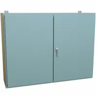 NEMA 12 steel enclosure measuring 36 x 48 x 12 inches with a solid hinged cover and handle closure. Includes a panel for mounting internal components. Designed for indoor use to protect electrical controls and instruments from dust, dirt, and non-corrosive liquids
