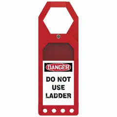 Red rectangular plastic tag holder for indoor/outdoor use. Holds one plastic label. Measures 3 1/2 inches wide by 10 inches high. Used to display safety tags, lockout/tagout warnings, or identification labels in industrial facilities.