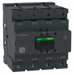 Non-reversing IEC contactor with 4 poles and 4 normally open contacts, rated 200 A. Coil voltage 120V AC/240V AC. Includes integrated surge suppression. Suitable for switching power circuits in motor control, lighting, and HVAC applications requiring frequent operation.