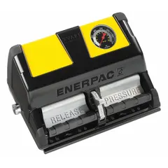 Foot-mounted air-operated hydraulic pump unit with a maximum operating pressure of 10,000 psi and a 0.53 gal reservoir capacity. Features a 3-position control with retract function. Suitable for industrial lifting, pressing, and clamping applications requiring medium-flow air-powered operation.