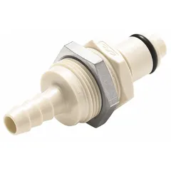 This polypropylene quick-disconnect tube fitting features barbed x barbed connections for secure tubing attachment. With a 1/4 in inner diameter and almond color, it is suited for fluid transfer in pneumatic, hydraulic, and water systems.