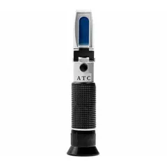 Analog handheld refractometer for measuring Brix concentration from 0 to 32% with +/-1% accuracy and 0.2% resolution. Features automatic temperature compensation and an analog display. Overall depth 6 1/4 inches. Used in food and beverage, agriculture, and industrial fluid monitoring.