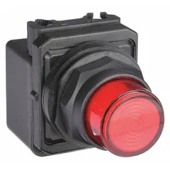 Red LED pilot light for panel mounting. Rated for 120 V AC supply voltage. Used as a visual indicator in industrial control panels to signal equipment status such as power-on or alarm conditions.