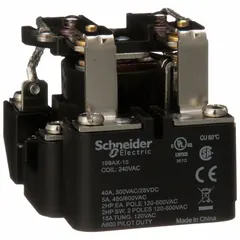 Surface-mounted relay from the 199 Power Series with DPDT contact configuration. Rated 40 A at 28V DC resistive load and 240V AC. Features an octal base and screw terminal electrical connection with 8 pins. Suitable for switching high-current loads in industrial control panels and automation systems.