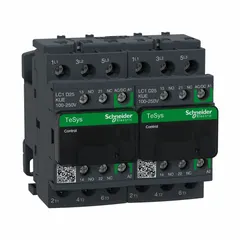 Reversing IEC contactor with 3 poles and 3 normally open contacts, rated for 25 A. Coil accepts 120V AC or 240V AC. No integrated surge suppression. Used to control forward and reverse rotation of three-phase motors in applications such as conveyors, pumps, and hoists.