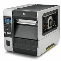 This ZT600-series desktop printer supports direct thermal and thermal transfer printing at 12 in/sec with a 6.6 in max print width. It features a color touch screen, Ethernet and Bluetooth connectivity, and a cutter dispensing style. Suitable for industrial labeling, shipping, and asset tracking applications requiring up to 5,000 labels per day