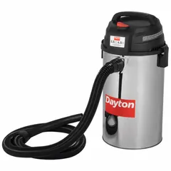 This wall-mount vacuum from DAYTON features a 4-1/2 gallon stainless steel tank for wet/dry pickup. It includes an 18 ft hose with 1-1/4 in diameter. Suitable for collecting liquids and debris in industrial maintenance and facility cleanup.