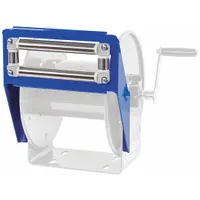 This 4-way top roller guide assembly controls hose routing on hose reels. It features a stainless steel roller and a blue steel bracket. Designed for 100 Series reels with an 8-inch reel width, the assembly mounts at the top return location to guide the hose during payout and rewinding