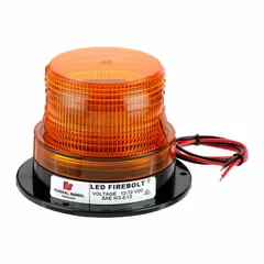 Round amber LED beacon with 3 5/8 in overall height, operating on 12/72V DC. Features 15 selectable flash patterns, permanent mount, pipe mount, and pigtail electrical connection. SAE Class 2 rated for moderate-hazard warning on fleet and service vehicles.