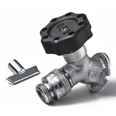 Brass sillcock with rough chrome finish, plastic handwheel handle, and NPT inlet connection. No-kink design for hose attachment. Overall height 4 inches. Used for outdoor water access on walls.