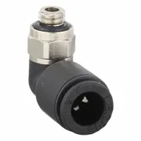 Nylon and nickel-plated brass push-to-connect elbow fitting for 6 mm OD tubing to 5 mm metric pipe threads. Black finish. Suitable for pneumatic systems requiring quick, secure connections. Supplied in a 10-pack