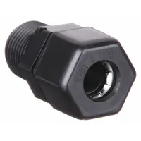 Polypropylene compression tube fitting with 5/8 in OD tube size and 1/2 in male NPTF thread. Compression x MNPTF configuration for connecting tubing to threaded ports. FDA approved material suitable for applications requiring corrosion resistance and purity