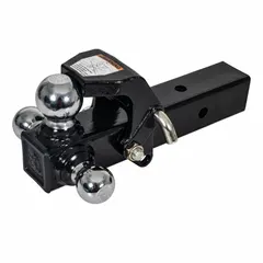 Class 4 non-adjustable tri-ball mount made of corrosion-resistant carbon steel with a powder-coated finish. Compatible with a 2-1/2 in ball shank diameter and 12-11/16 in overall length. Includes a hitch pin and features a pintle hook with cast jaw that locks in the closed position for lunette eye towing. Suitable for towing heavy trailers.