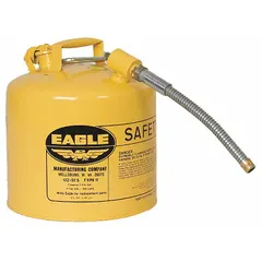 This Type II safety can is designed for storing and dispensing diesel fuel. It has a 5-gallon capacity and includes a 7/8-inch outside diameter hose. The yellow finish provides high visibility. Typical applications include refueling equipment, generators, and machinery in industrial settings.