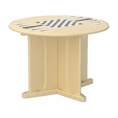 Polyethylene round table with X-base design, 42-inch diameter, includes game top. Accepts sand ballast for stability. Suitable for outdoor commercial and institutional settings such as parks, campuses, and break areas.