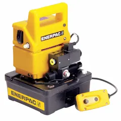 The ENERPAC PUD1101B is a corded lightweight electric hydraulic pump unit delivering a maximum operating pressure of 10,000 psi and a maximum flow rate of 20 cu in/min, powered by a 1/2 hp motor. It is used for industrial applications requiring portable, high-pressure hydraulic power, such as operating hydraulic cylinders, jacks, and tools.