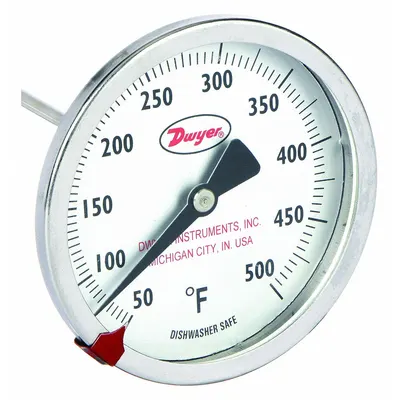Dwyer Clip-On Dial Thermometer, 8" Stem, Fahrenheit, +/-2% Accuracy - General Purpose Vat & Pan Clip-On Dial Thermometers