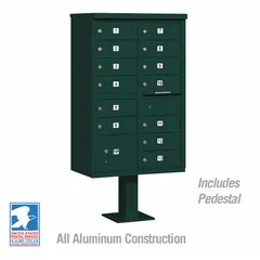 Horizontal multi-unit mailbox with 14 lockable front-access doors. Measures 62 inches high by 30 1/2 inches wide by 18 inches deep. Designed for pedestal mounting. Suitable for centralized mail distribution in multi-tenant residential or commercial settings.