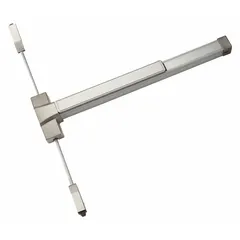 This surface-mounted vertical rod push bar is constructed of stainless steel and designed for doors up to 36 inches wide. It is intended for use as an exit device in commercial and institutional buildings, providing push-pad actuation for emergency egress. Note: vertical rod is not included.