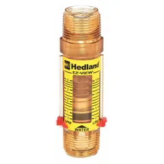 This variable area inline flowmeter measures water flow in gallons with a scale display and remote output capability. It features universal mounting orientation, Buna-N seals and O-rings, and an accuracy of +/-5%. Suitable for monitoring flow in water systems such as cooling loops and process lines.