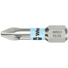 Pozidriv insert bit with PZ2 industry size and 1 in overall length. Features a hex shank for use with power tools. Made of stainless steel, imperial-sized, not impact rated. Suitable for driving Pozidriv screws in assembly and maintenance tasks.