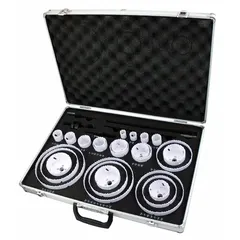 Bi-metal hole saw kit with 4/6 teeth per inch for cutting wood, metal, and plastic. Maximum cutting depth of 1 1/2 inches. Suitable for creating clean openings in electrical, plumbing, and HVAC installations.
