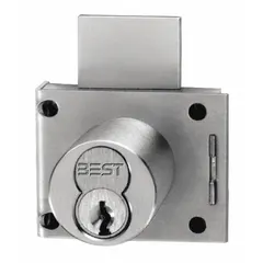 This deadbolt lock is designed for cabinet and drawer applications requiring core interchangeability. It features a vertical diamond shape, SFIC (Small Format Interchangeable Core) compatibility, and a satin brass finish. The body measures 2 1/8 inches in height and 1 7/8 inches in width. Core not supplied.