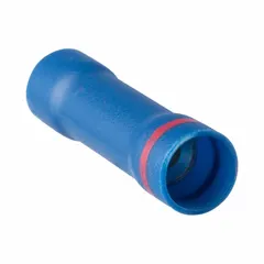 Vinyl insulated butt splice connector for joining two wires end-to-end. Accepts 8 AWG to 6 AWG conductors, rated 600 V. Blue color indicates wire range per standard color coding. Pack of 25.