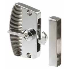 Silver sliding handle and latch kit for screen doors. Overall height 2 5/8 in, overall length 1 9/16 in. Used to replace or repair the handle and latch assembly on sliding screen doors.