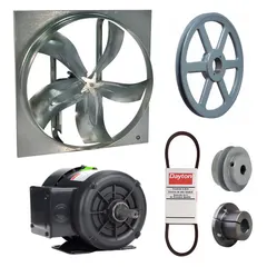 Unassembled belt-drive panel exhaust fan with drive package, featuring a 24 in blade, 1/2 hp motor, and 6,950 cfm airflow. Operates on 208-230/460V AC, 3-phase power with a totally enclosed fan-cooled motor, Class B insulation, and single speed. Zinc-plated steel frame; supplied without intake guards. Suitable for general ventilation in industrial and commercial facilities such as warehouses, factories, and workshops.