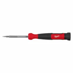 This precision multi-bit screwdriver includes four tips: 1/8 in and 3/32 in slotted, plus P0 and P00 Phillips. It is suited for electronics, small appliance repair, and fine assembly work requiring controlled torque.