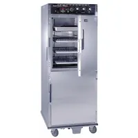This full-size hot cabinet is designed for holding cooked food at serving temperature in commercial kitchens. It includes integrated humidity control to maintain moisture and features universal-angle shelves for flexible pan loading. Operates on 208V AC