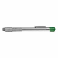 Round soapstone holder designed to securely hold standard 1/4-inch soapstone refills. Used for marking on hot, wet, or oily surfaces in welding, metal fabrication, and foundry applications. Allows precise marking on steel, iron, and other metals without smudging or fading