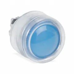 Momentary illuminated flush-mount push-button operator from the XB4 series. Features a blue metallic actuator with a 22 mm mounting diameter. Suitable for control commands in industrial machinery and automation panels.