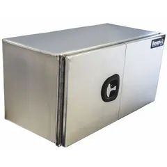 This underbody truck storage box features double barn doors with keyed locks for secure access. Finished in silver, it offers a 24-inch overall depth suitable for organizing tools and equipment in fleet and maintenance vehicles.