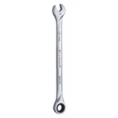 This 10 mm metric 12-point ratcheting combination wrench is made from alloy steel with a chrome finish. It has a standard length of 7 inches. The ratcheting box end allows for faster fastener tightening or loosening without repositioning the tool, suitable for automotive, mechanical, and industrial maintenance tasks.