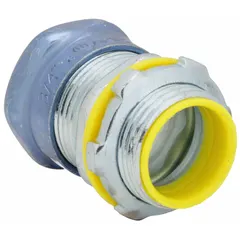 Steel compression conduit connector with insulated throat and rain-tight seal. Used to terminate rigid metal conduit or IMC to boxes or enclosures in outdoor or wet locations. Trade size 4 in, overall length 4 5/32 in, gray finish.