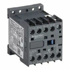 This SCHNEIDER miniature IEC contactor is a 3-pole, non-reversing device with 3 normally open contacts rated at 9 A and a 110V AC coil. It is used for switching and controlling motors, pumps, fans, conveyors, and other industrial machinery in manufacturing and process environments.