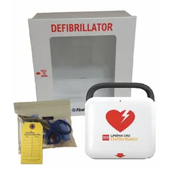 This AED package includes a wall cabinet with alarm and auto mode, containing a LIFEPAK CR2 defibrillator. It features an 8-year shelf life, a Li-MnO2 battery, and adult AED pads. Medical direction is included; CPR feedback is not included. Suitable for emergency defibrillation in public-access or workplace settings.