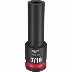 This 1/2" drive impact socket features a 7/16 in SAE hex size with a 6-point deep profile for accessing recessed fasteners. The friction ring retention system provides secure socket attachment during high-torque impact applications. Suitable for fastening and loosening bolts and nuts in automotive, construction, and industrial settings.