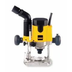 This DEWALT plunge router features a 2 hp motor with variable speed up to 24,000 RPM, accepting 1/4 in and 1/2 in collets. The soft-start function provides controlled startup for precision woodworking tasks such as edge profiling, dado cutting, and template routing. Suitable for cabinetry and furniture making.