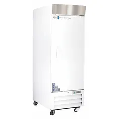 Upright pharmacy refrigerator with 23 cu ft capacity, maintaining 2°C to 7°C. White swing solid door opens right. Includes temperature alarm. Uses R-290 refrigerant. Overall depth 34 3/4 in. Suitable for storing vaccines, medications, and temperature-sensitive pharmaceuticals in clinical settings.