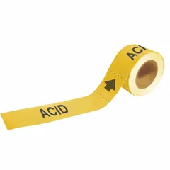 Yellow adhesive pipe marker on a roll, with yellow legend text reading 'Acid' and directional arrows. Fits pipe outer diameters from 2-1/2 to 6 inches. Supplied 25 markers per roll. Used to identify pipes carrying acidic substances in industrial facilities.
