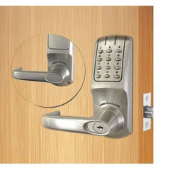 The CODELOCKS CL5210-BS is an ADA-compliant electronic keyless lock constructed of zinc. It features a keypad for code entry and an interchangeable core key override. Suitable for commercial and industrial access control applications requiring secure, keyless entry with flexible master-keying options.