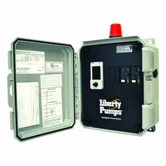 Multi-purpose simplex pump control panel rated for 575V AC and 1.6 to 2.5 A. Features a non-reversing design, tether float switch, plastic NEMA 4X enclosure, and audio alert output. Operates on a demand dose dosing schedule for single-pump control in wastewater, sump, and effluent systems.
